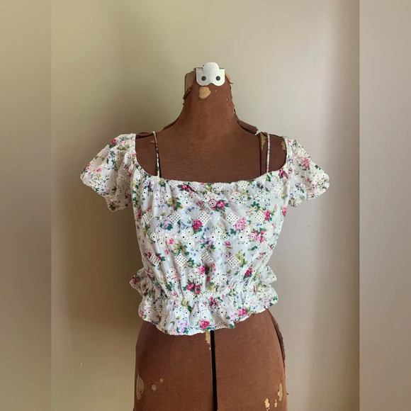 Topshop Tops - Top shop off shoulder top, floral eyelet cropped blouse